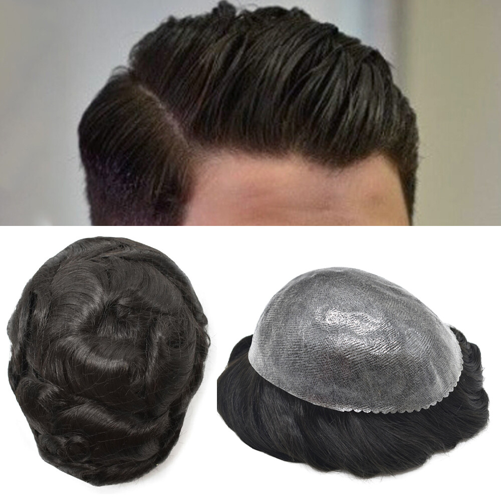 Full Poly Skin Mens Toupee Injected PU Human Hair System Replacement Wig for Men