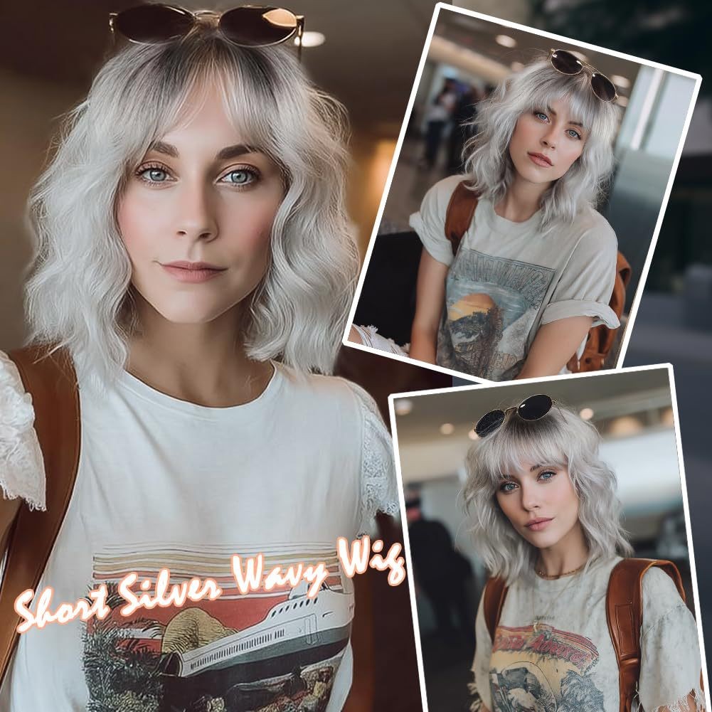 Short Wavy Curly Bob Wig with Bangs Heat Resistant Syntheticn for Women Cosplay