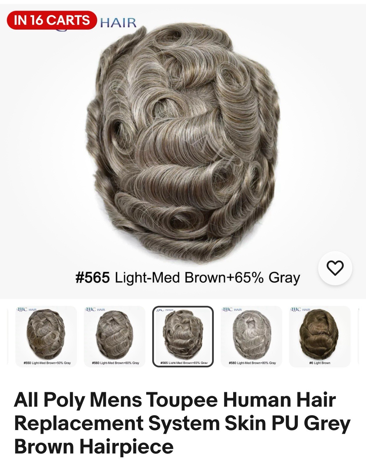 All Poly Mens Toupee Human Hair Replacement System Skin PU Grey Brown Hairpiece