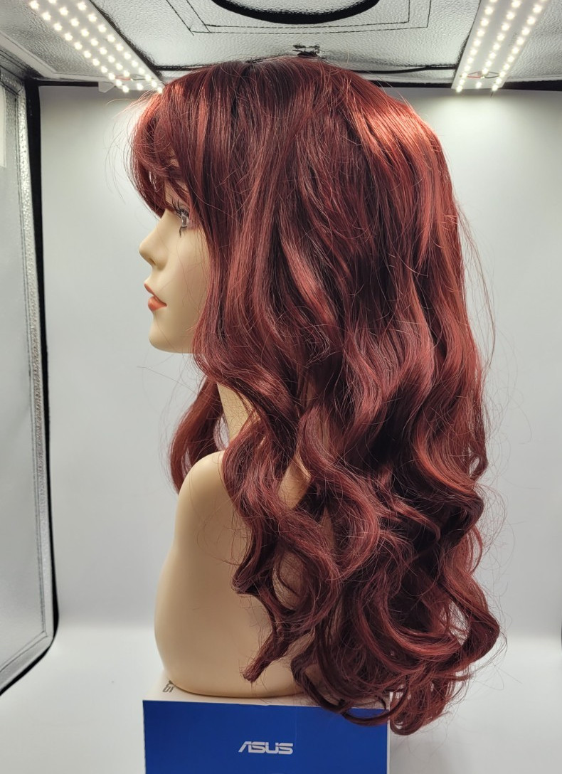 Long curly wave synthetic wig with blunt bangs heat resistant fiber full wig