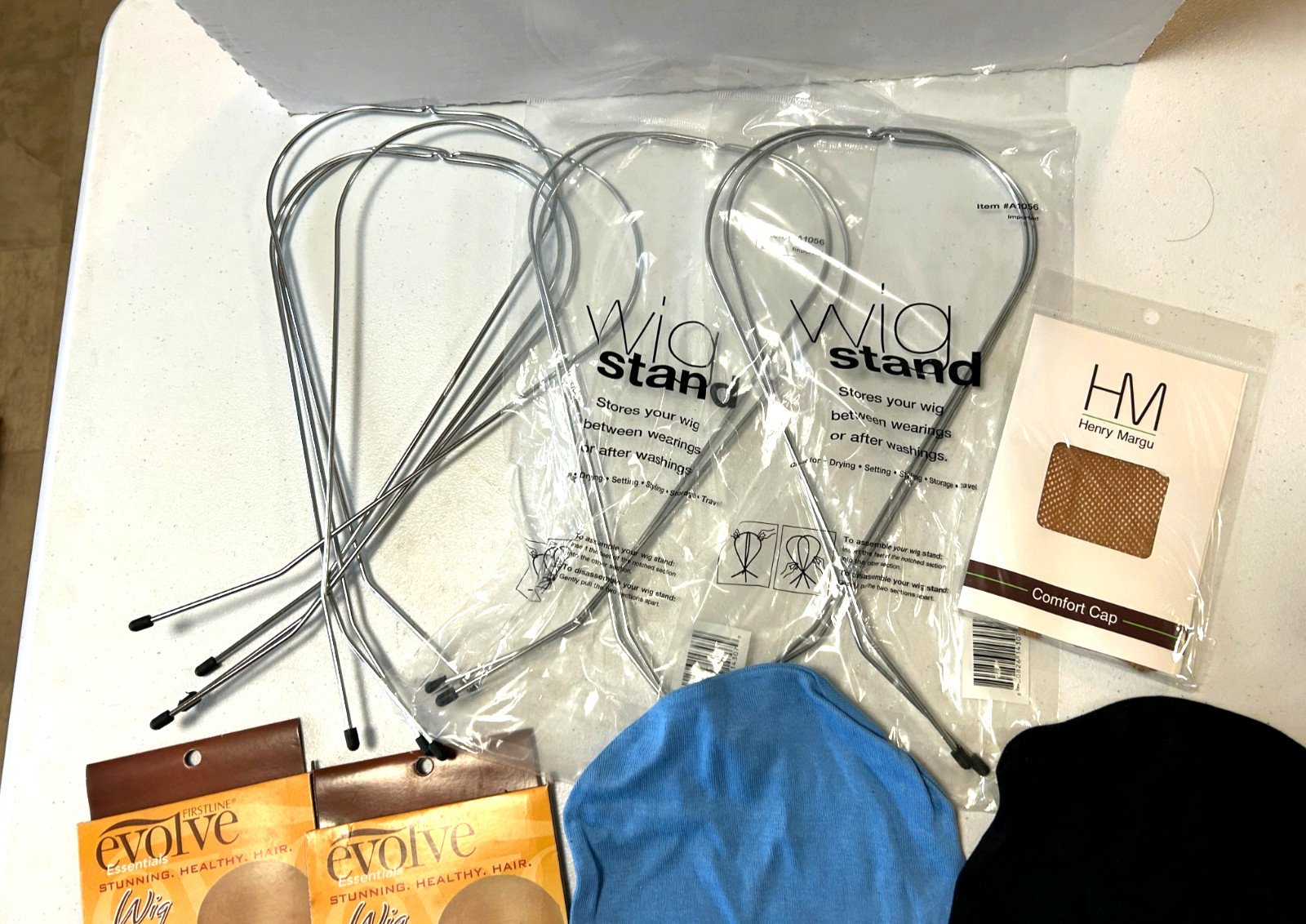 New Lot of 4 Metal Wig Stands and some Comfort Caps & Hair Care Cloth Caps