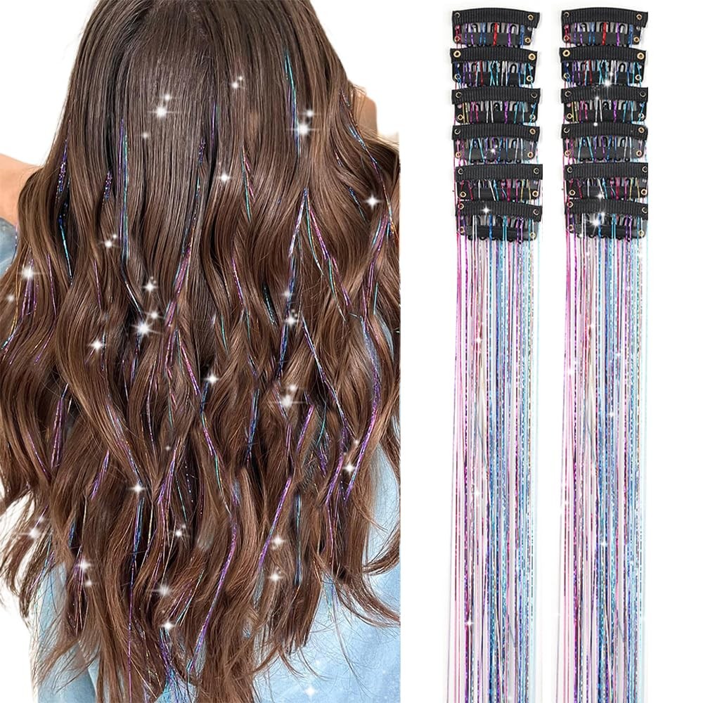 Hair Tinsel Pack of 12 Pcs Colorful Glitter Hair Accessories 20 Inch Clip in …