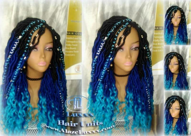 Goddess Faux Locs Blue Ombre curly long wig synthetic dreads braids Mermaid Hair