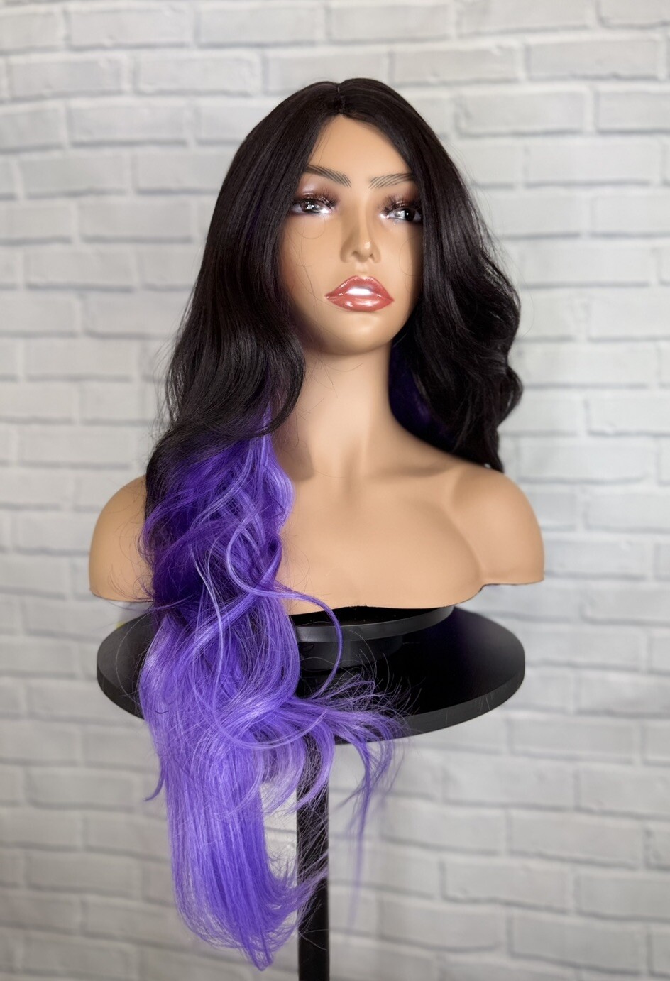 Black Purple Wig Synthetic 26 Inch Lace Front Middle Part Wavy Layered Heat Ok
