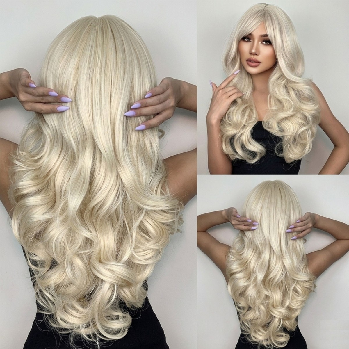 Cosplay Wigs With Fringe Soft Layered Long Wavy Synthetic Hair Bleach blonde
