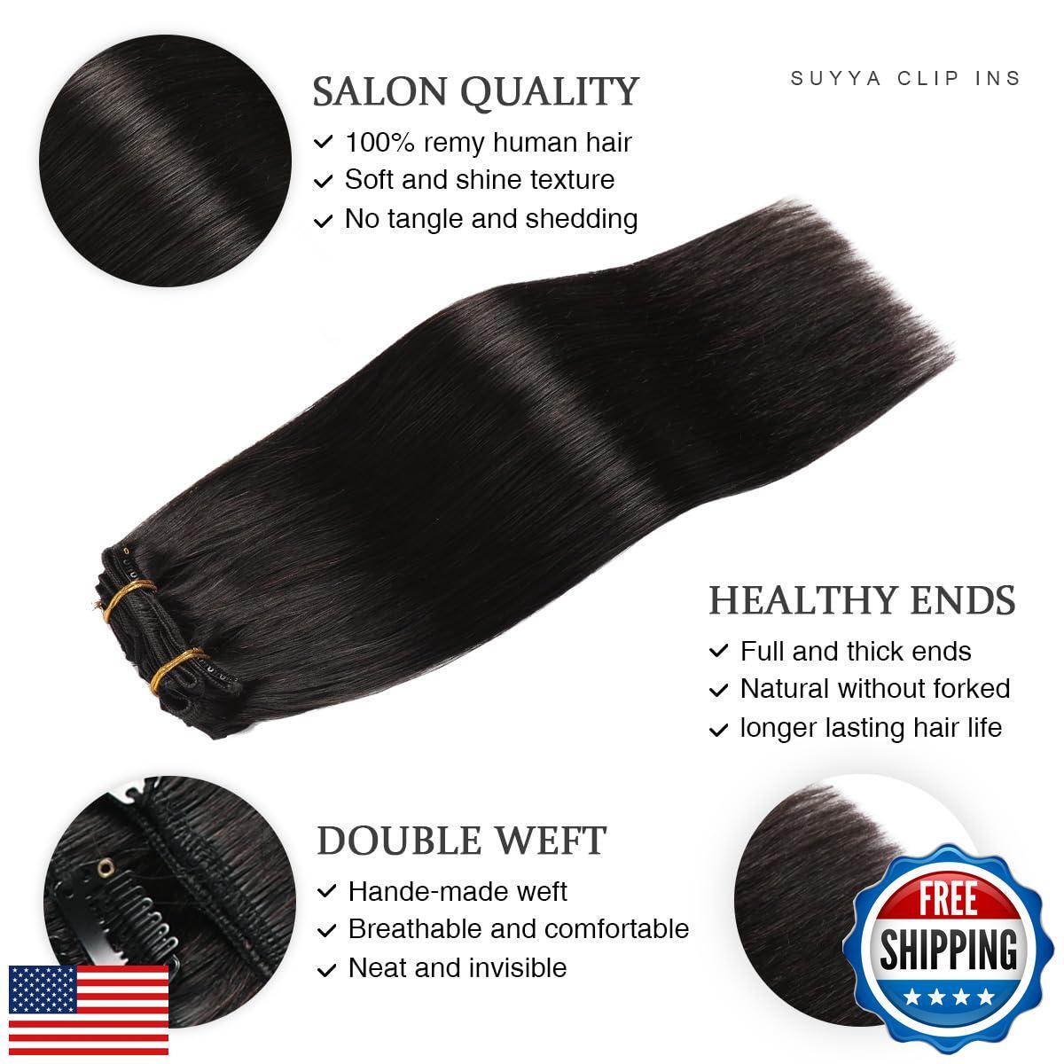 SUYYA Real Human Hair Clip in Extensions – 7 Pcs Straight Remy Human Hair Cli