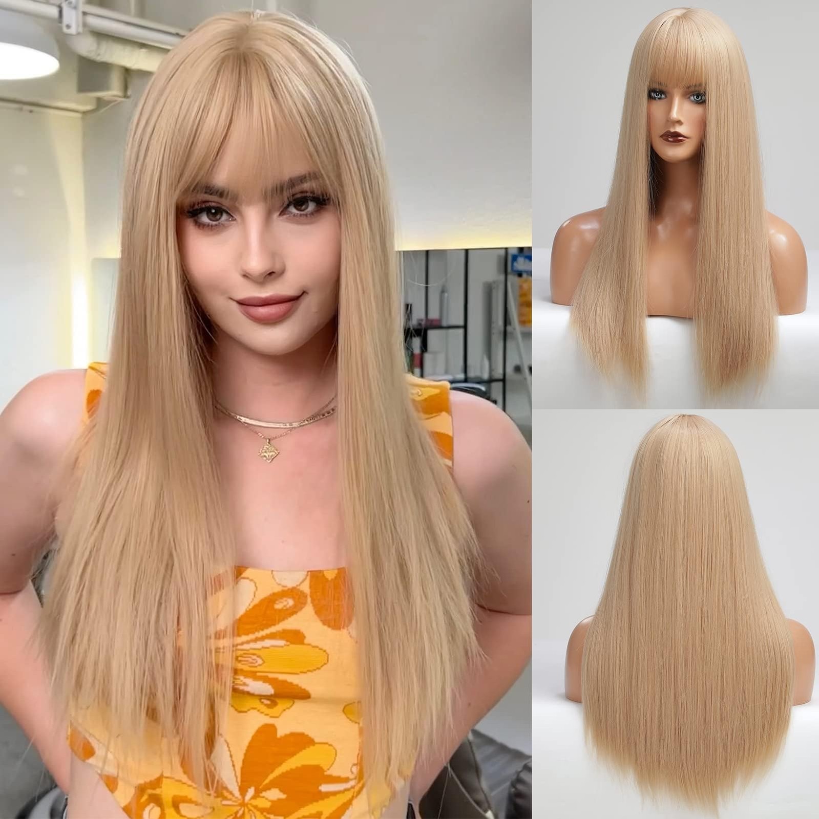 Light Blonde Wig With Bangs For Women Long Straight Wigs wig Synthetic For Gi…
