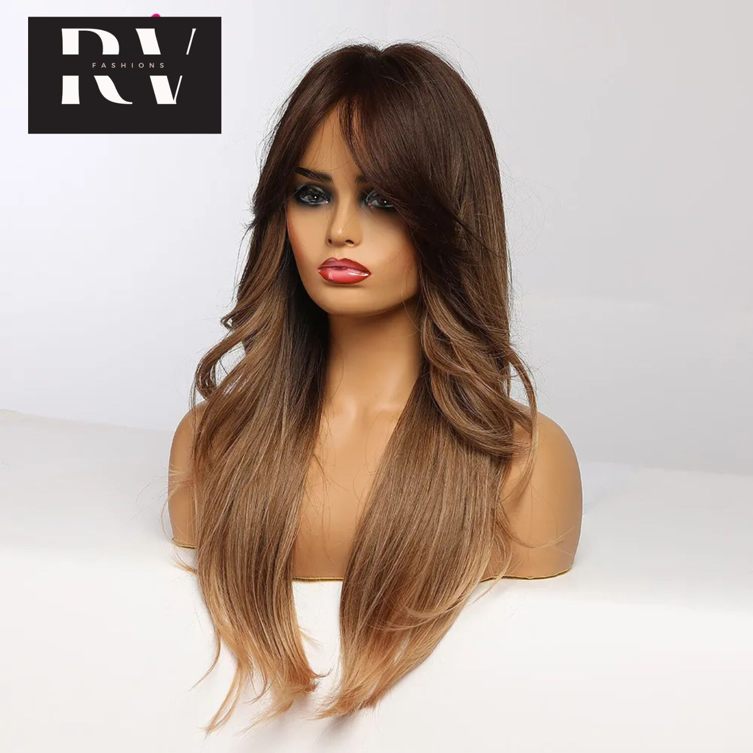 Long Ombre Black Gloden Honey Brown Wavy Synthetic Wigs with Bangs Natural Hair