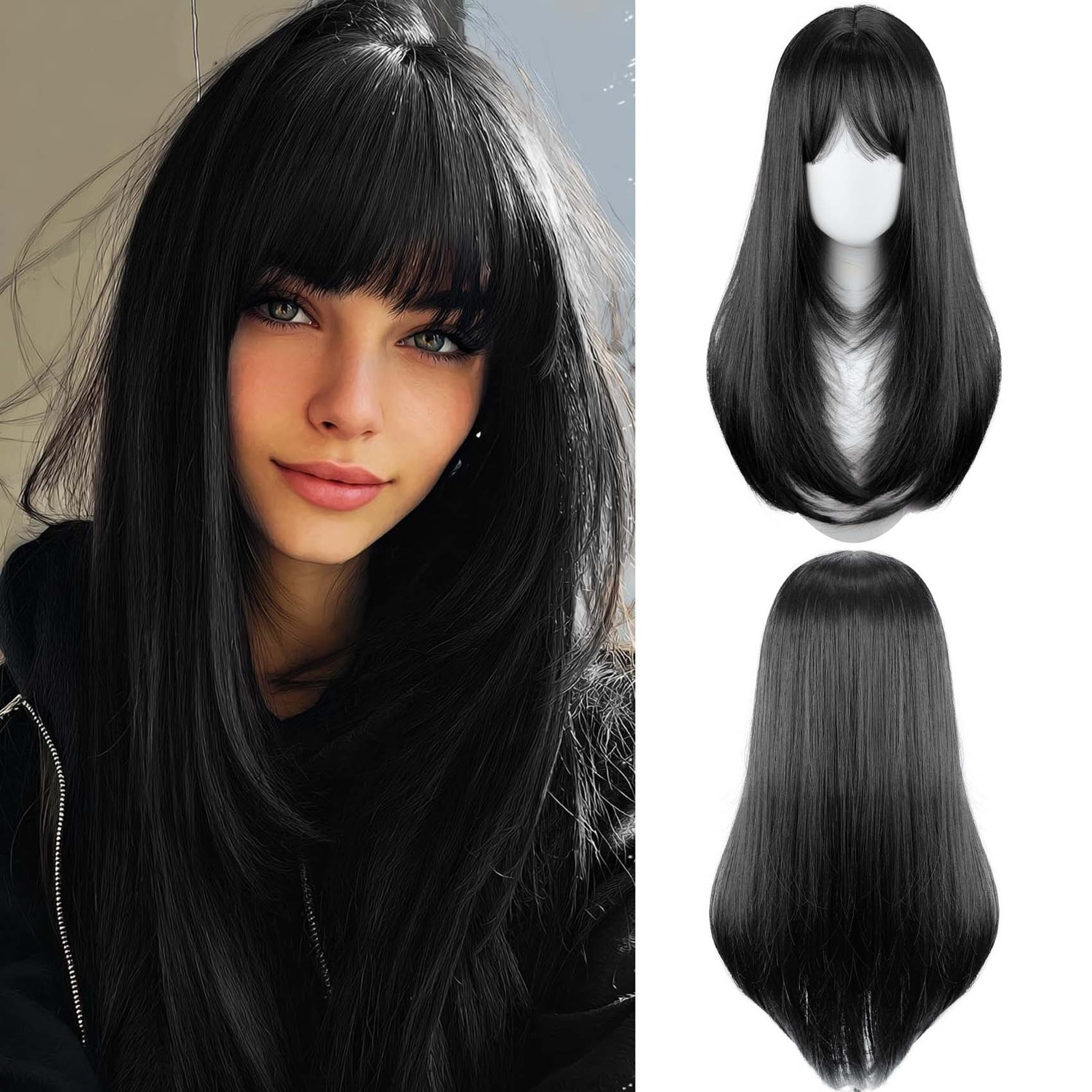 Long Straight Layered Wig With Bangs for Women Synthetic Heat Resistant Party Wi