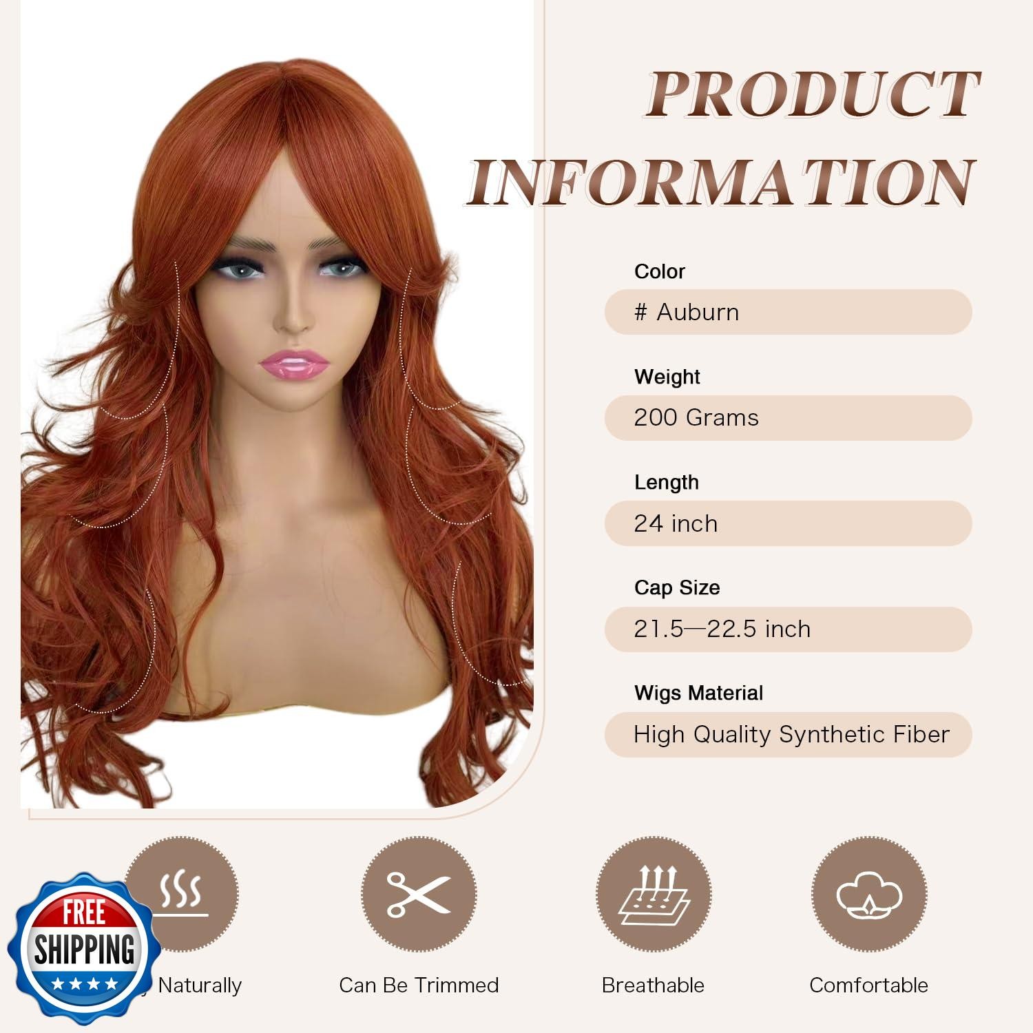 Auburn Wig with Bangs for Women Copper Red Wavy Layered Wig with Curtain Bang