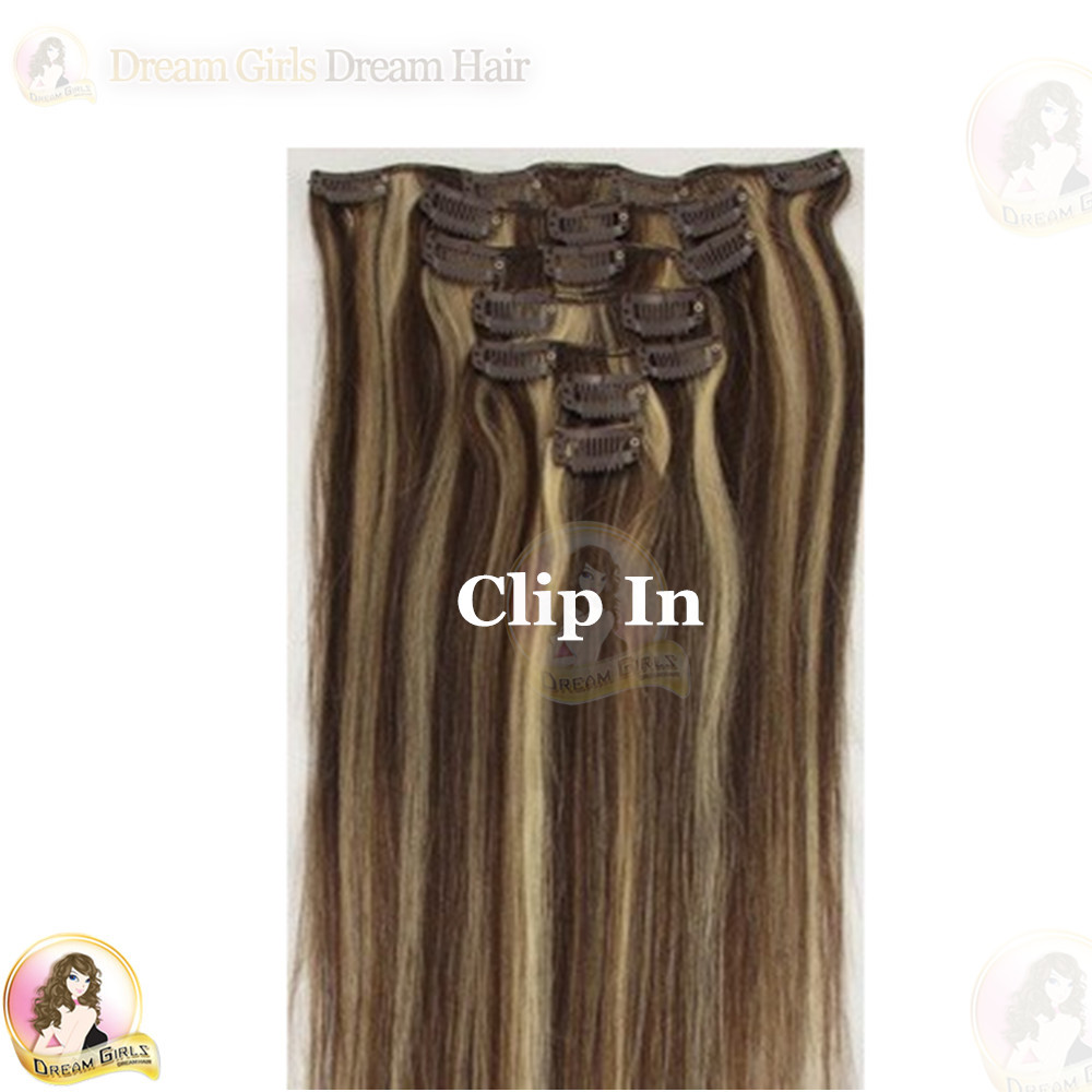 20″ Indian 100% Human Clipin 6A Hair Extenisions 7pcs Double Drawn #4 Borwn 100g