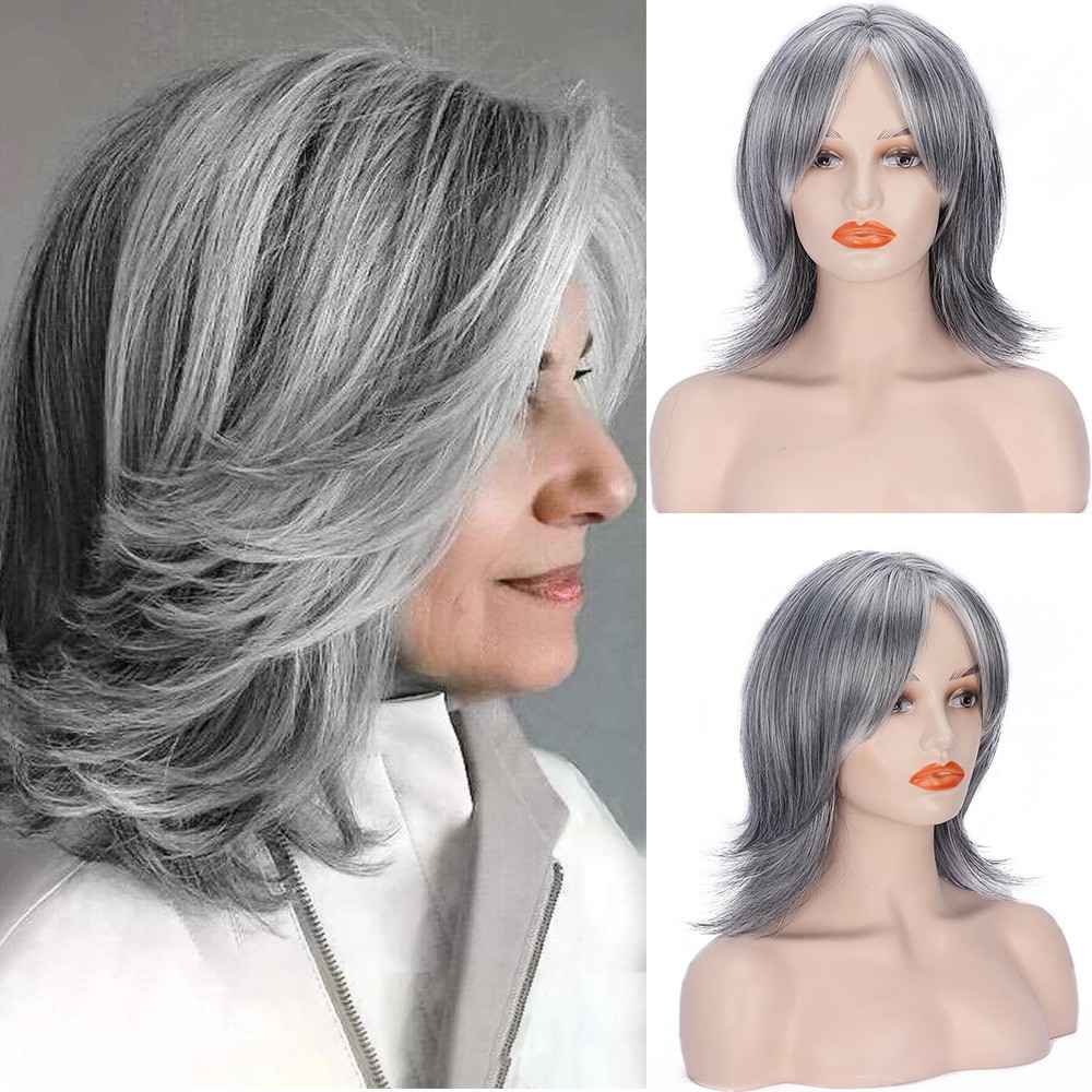 Highlight Black Grey Medium Length Wavy Wig Side Part Heat Resistant Full Wig
