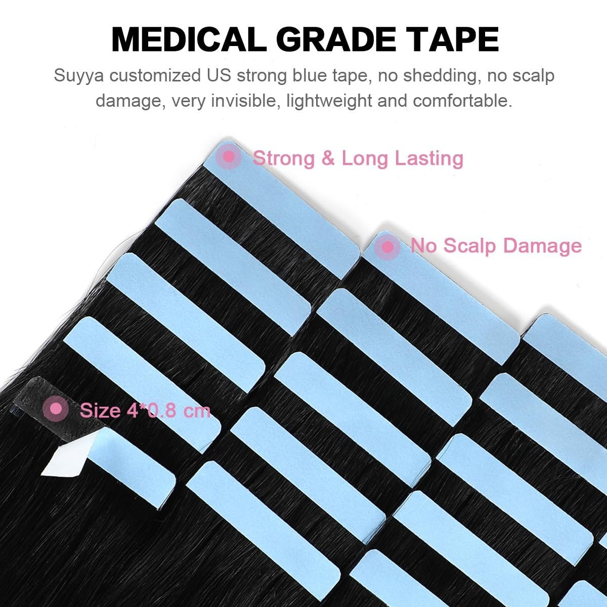 100% Remy Hair Tape Extensions – 20pcs Jet Black, 12 Inch, Tangle-Free