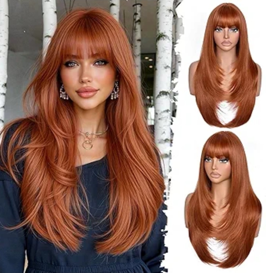 Wig Long Layered Straight with Bangs Auburn / Copper / Red heat resistant Hair