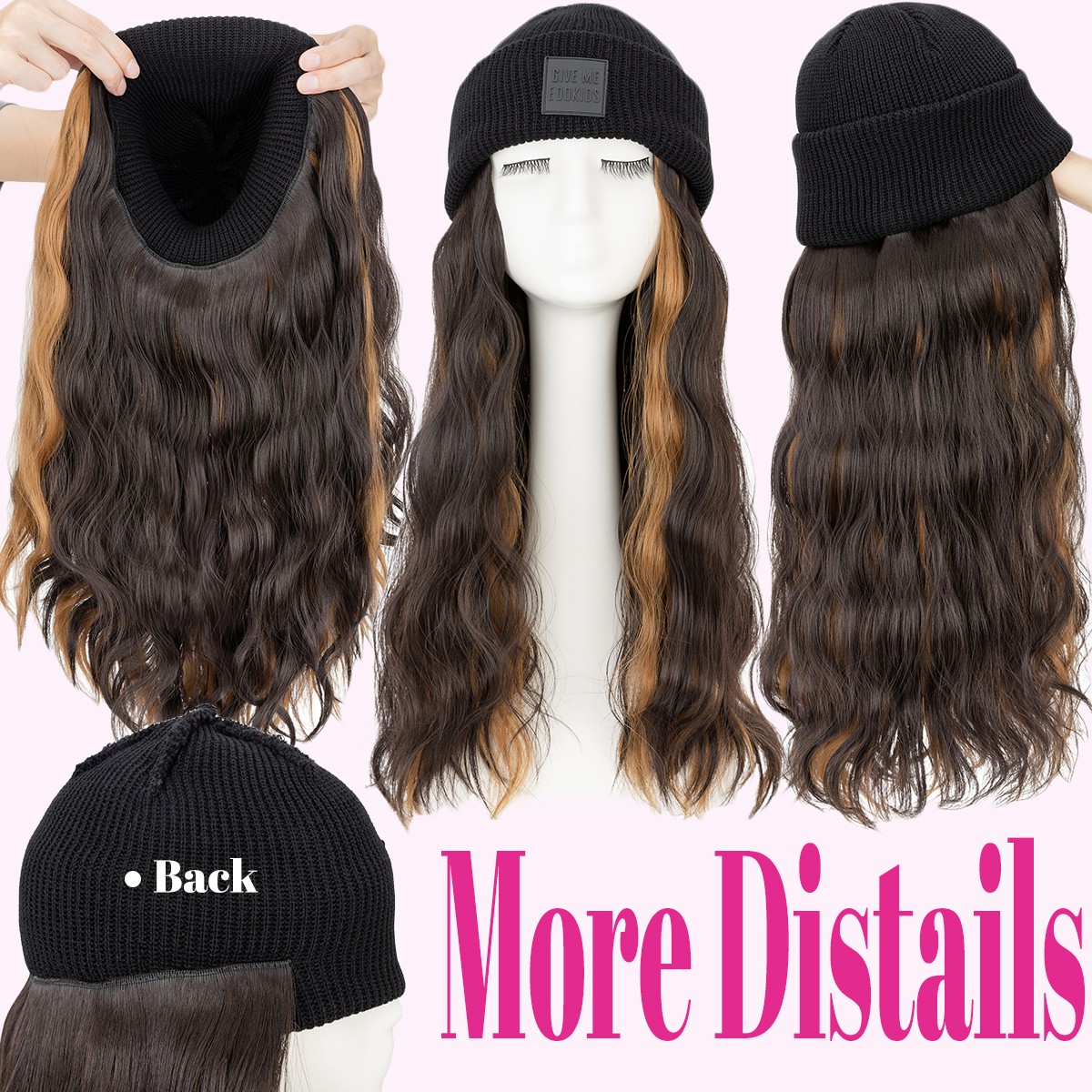 Beanie Hat Wig with 8/11/16/18″ Synthetic Straight&Curly Wavy Hair Knitted Cap