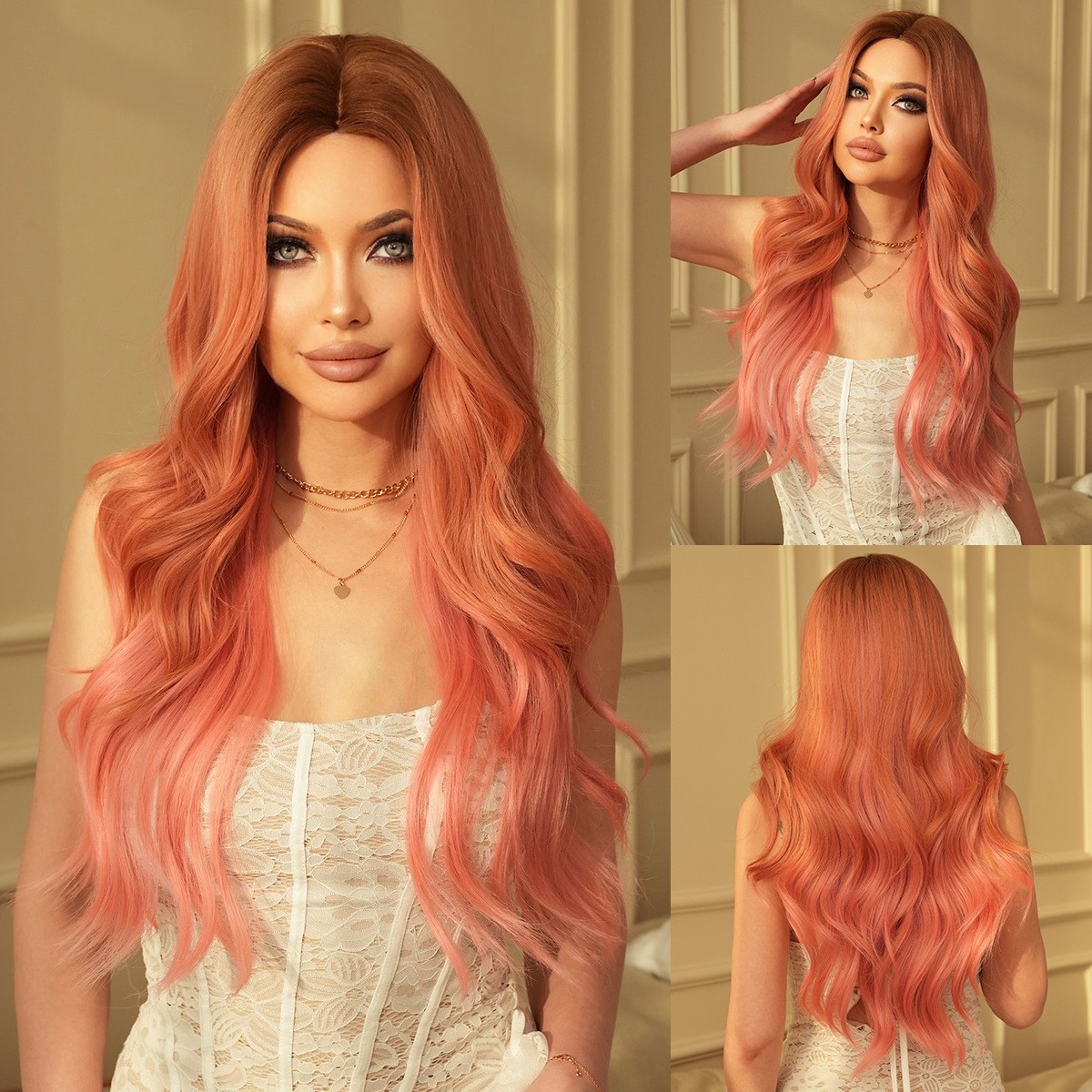 28in Gold to Pink Ombre Long Wavy Wig for Women Heat Resistant Full Cap Party