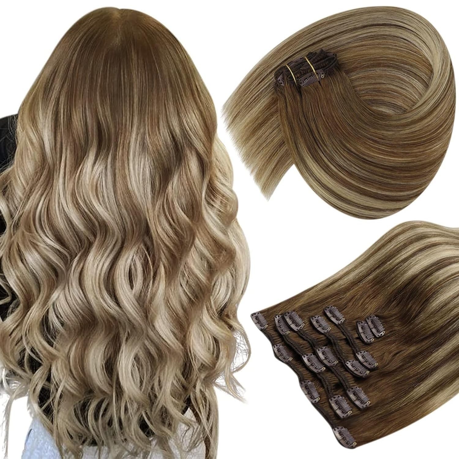 Sunny Hair CLIP-IN 12in Balayage Brown/Blonde Human Hair Extensions CP 6-60-6