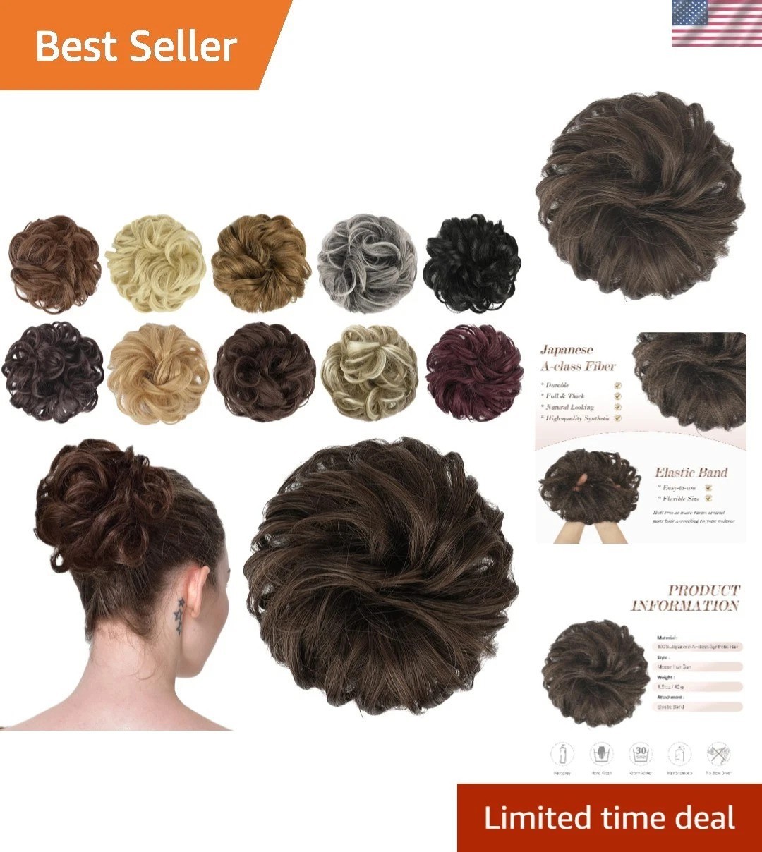 Stylish Wavy Synthetic Bun Hair Piece – Dark Brown & Light Auburn Mixed 1.30 oz