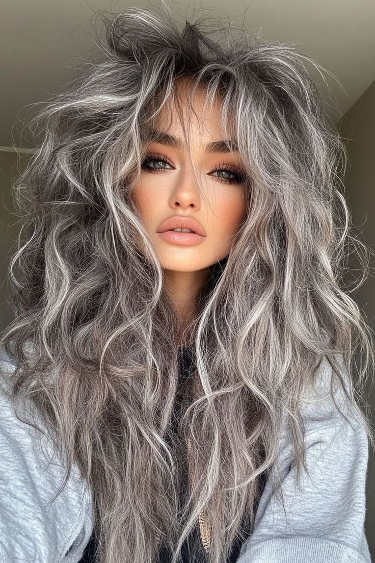 Long Wavy Silver Gray Highlight Wigs 100% Human Hair Wigs 13×4 Lace Front Wigs