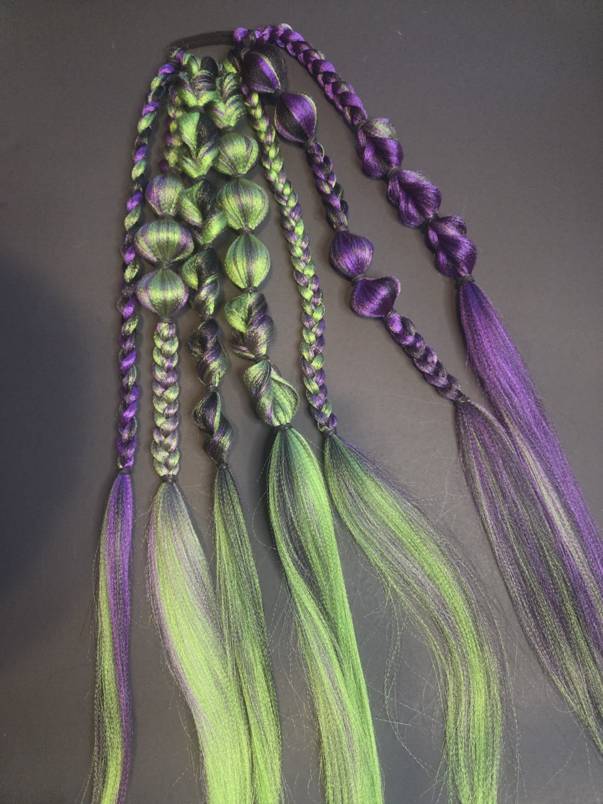 Green, Purple, Black with charms ** reusable tie in braided ponytail extensions