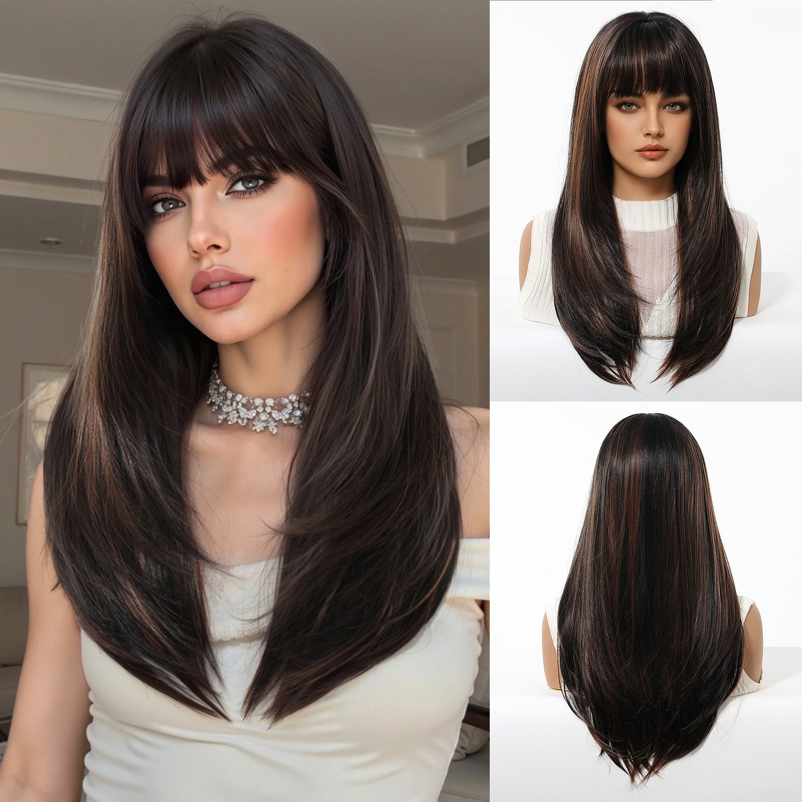 Platinum Blonde Long Straight Wig With Bangs Layered Full Head Synthetic Wig
