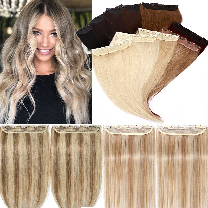 Human Hair Extensions One Piece Clip in Remy Thick Clip On Natural Hairpiece US