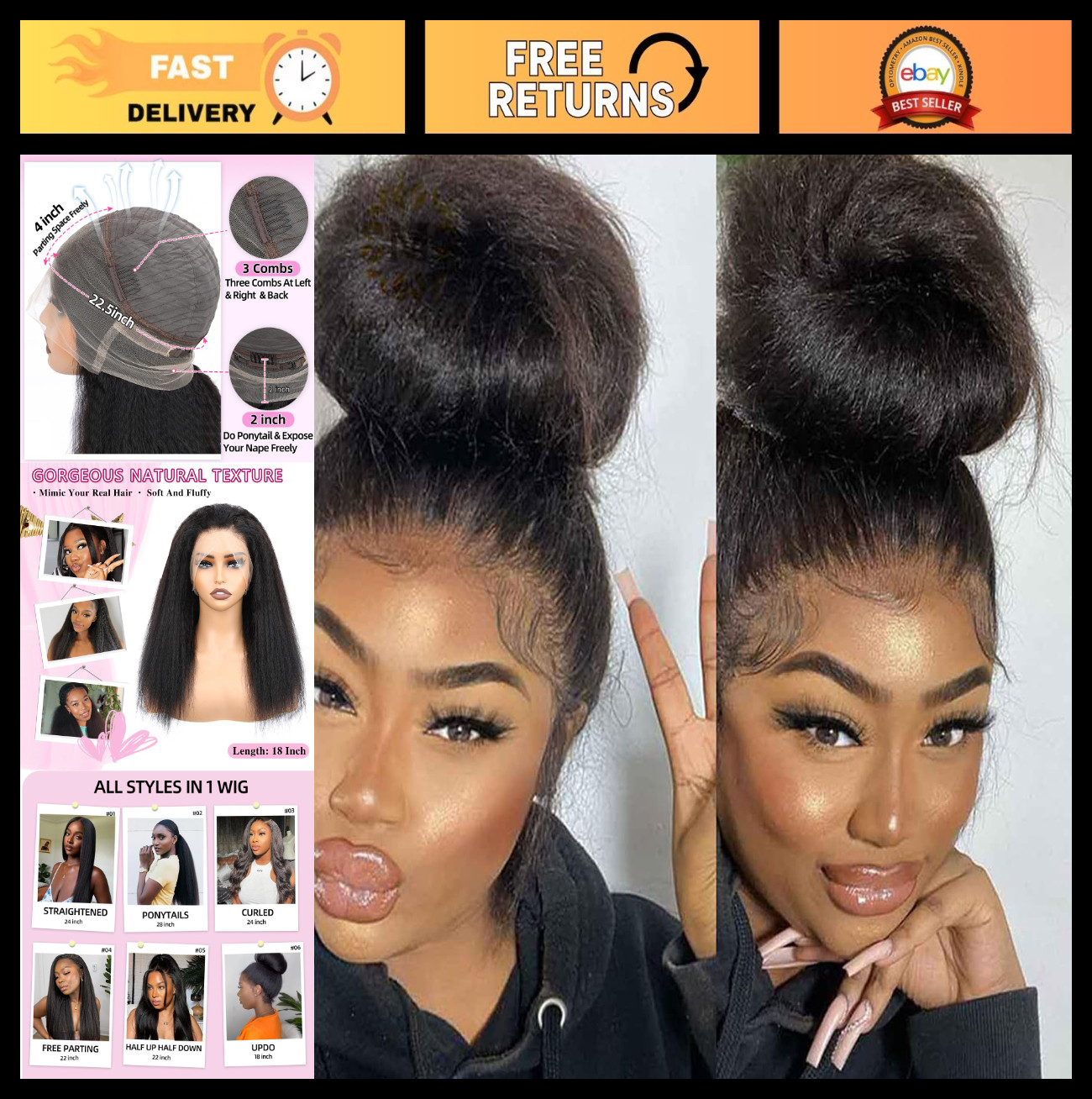 360 Lace Front Wig Human Hair Kinky Straight 16″ 180% Yaki Full Lace for Black W
