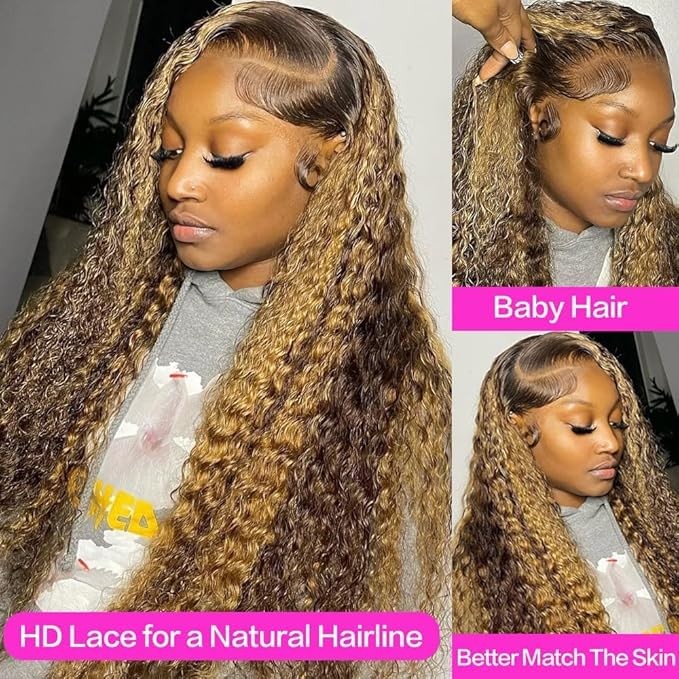 30inch Highlight Ombre Lace Front Wig Human Hair 13×6 HD Honey Blonde 4/27 De…