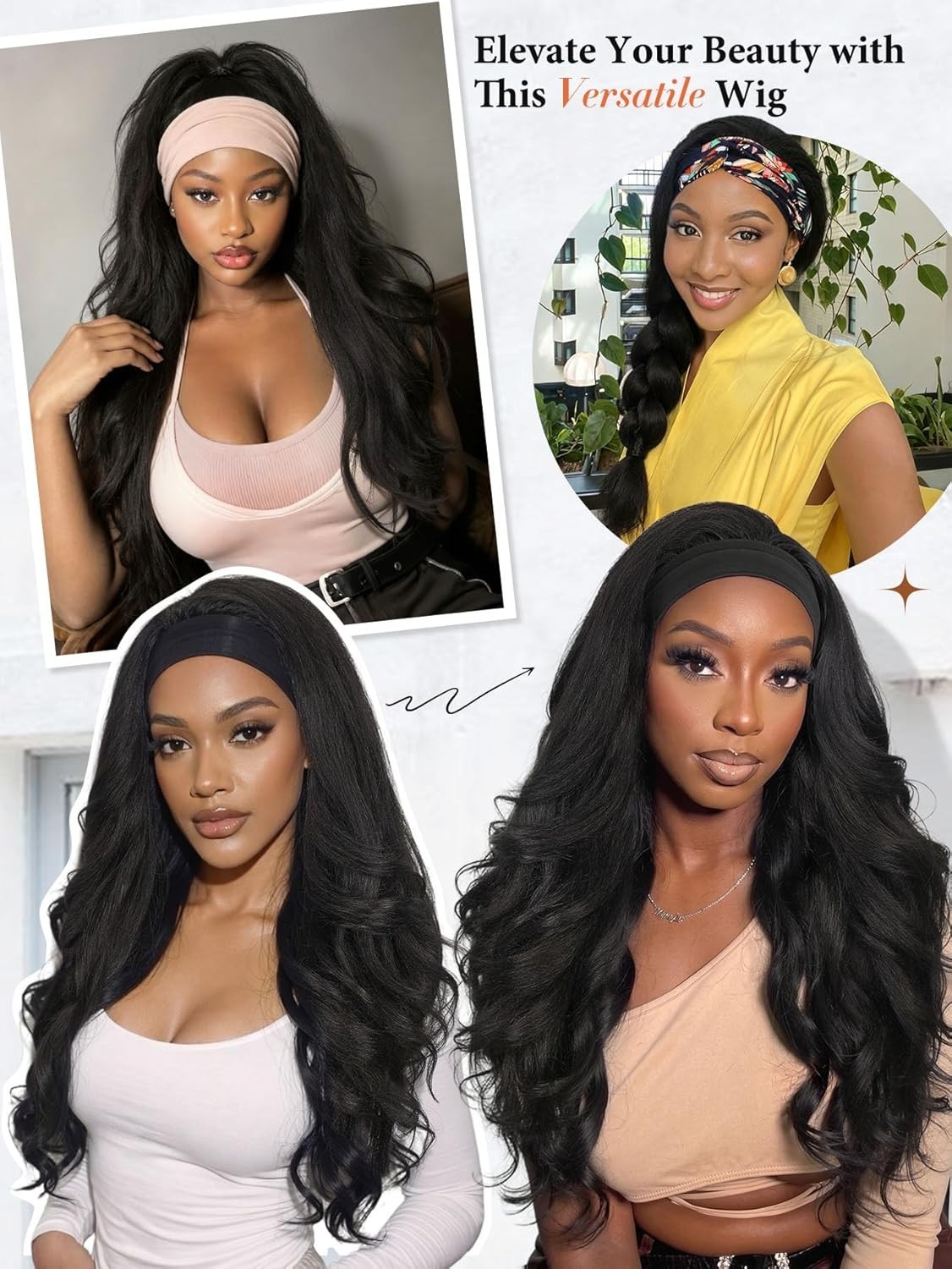 Yaki Wavy Headband Wig for Black Women Layered Filp 26in (Flower Headband) #1B