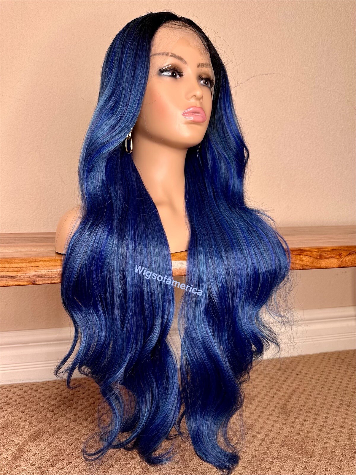 Lace Front Wig Blue Ombré Black Wavy Layered 26 Inch Long Heat Ok