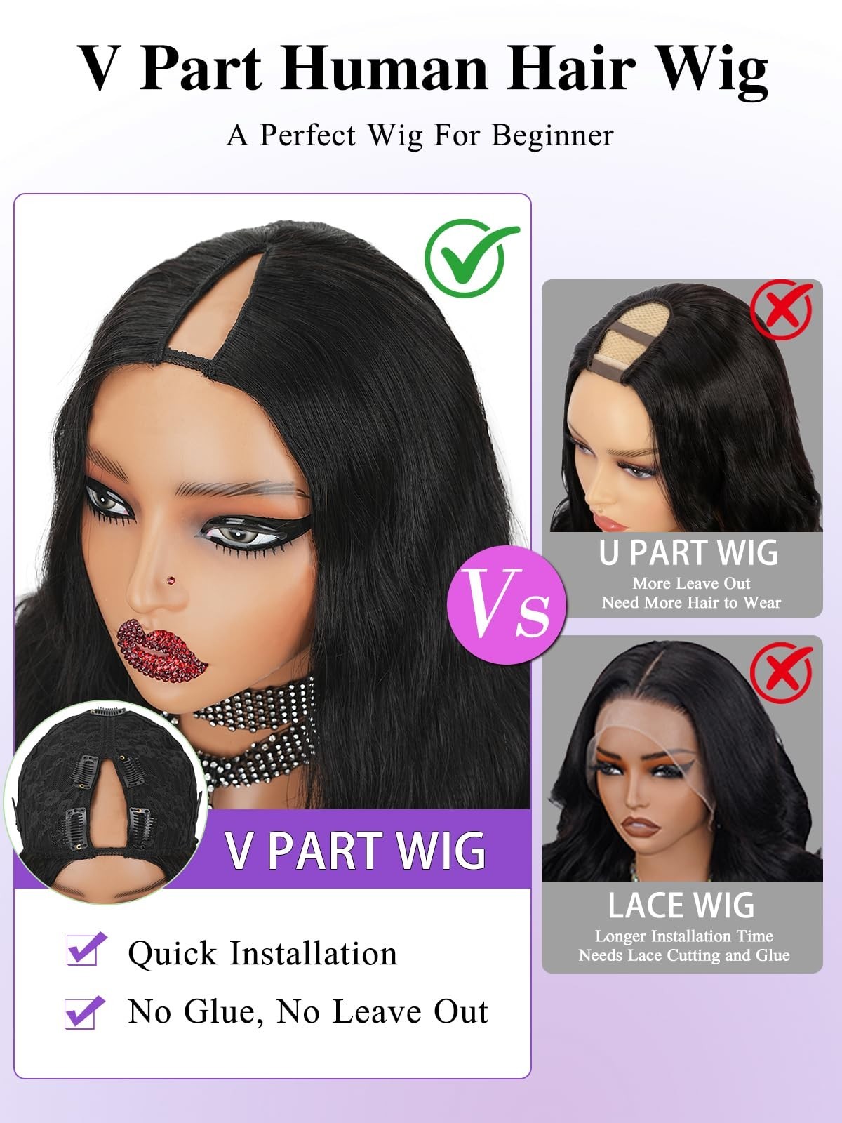 20 Inch V Part Wig Human Hair Body Wave 200% Density Clip-In Half Wig – No Glue,