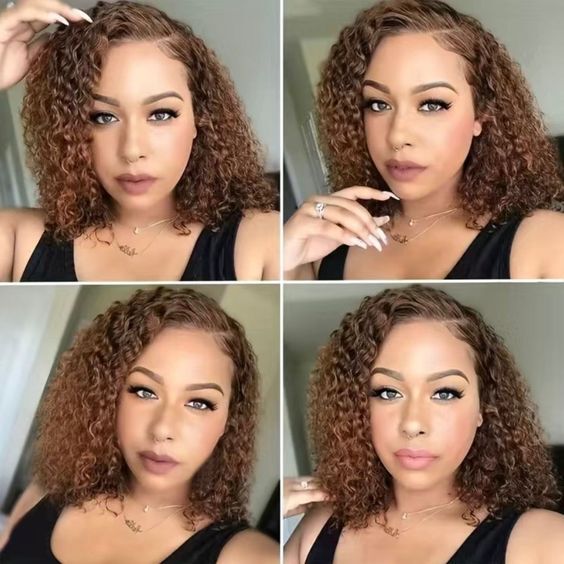 13×4 Water Wave Lace Front Human Hair Wigs Deep Curly Short Bob Wig Brown 130%