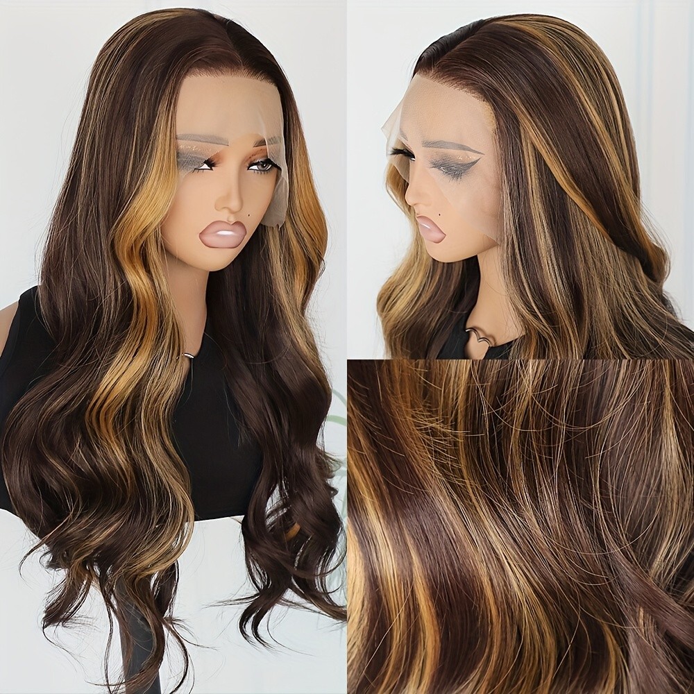 Long Wavy Wig Ombre Highlight Brown Blonde Synthetic Lace Front Wigs Pre Plucked