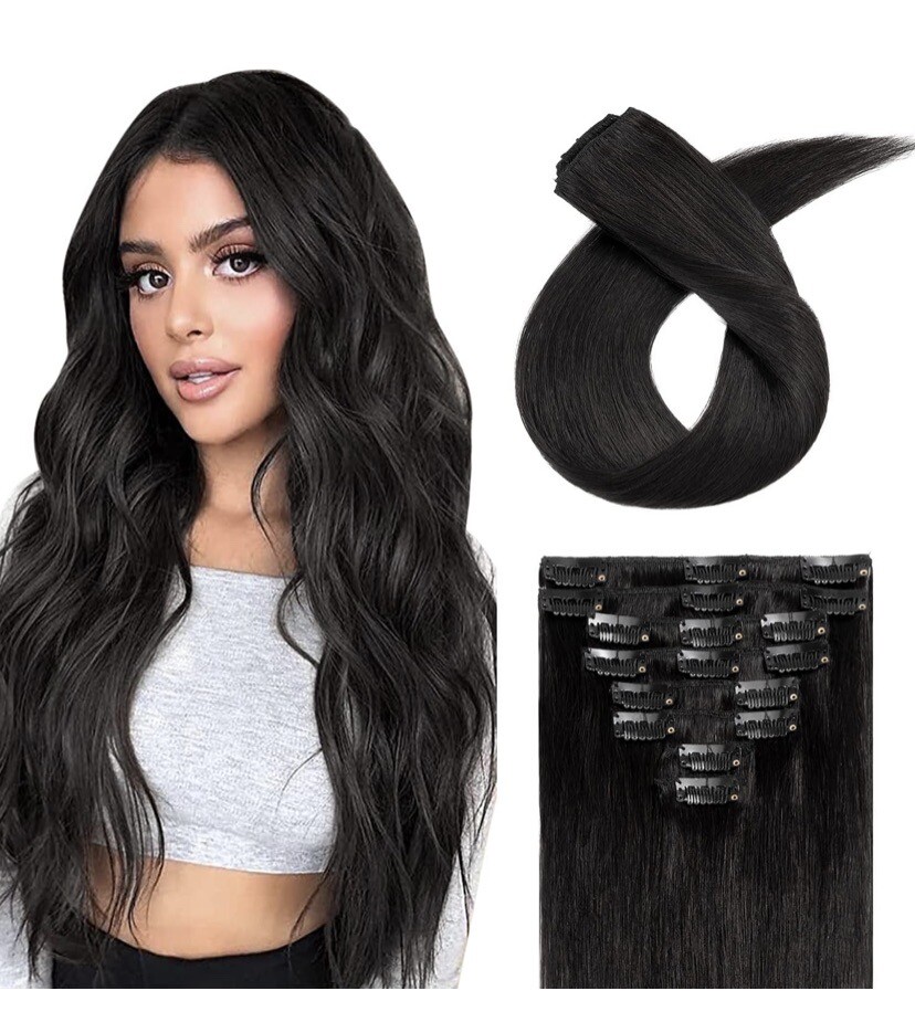 S-Nolite 8pcs Clip-in Hair Extension Thin 18″ Length, Jet Black, 70g, 18 Clips