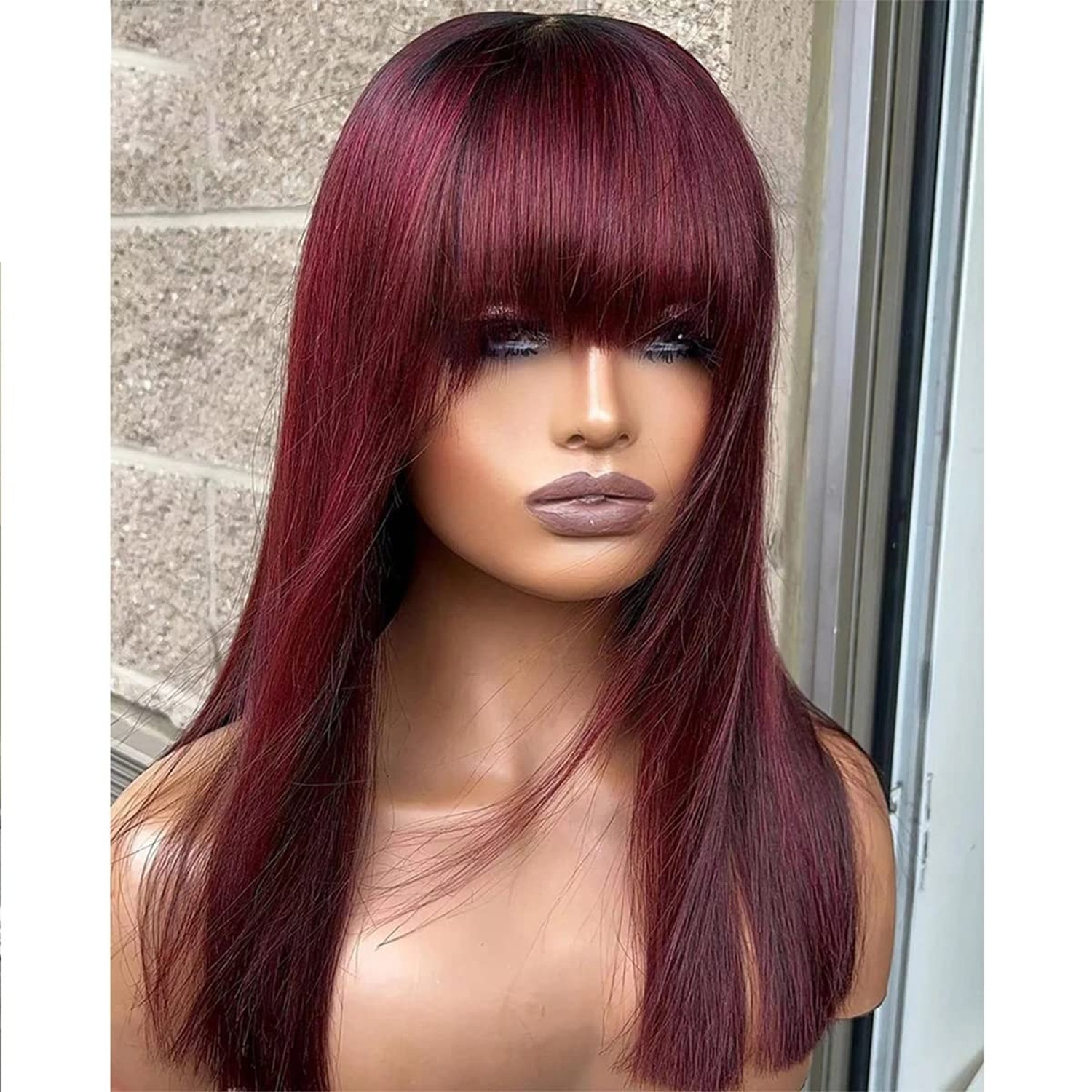 Burgundy Wig Human Hair Red Wigs with Bangs Brazilian Virgin Straight Wig wit…