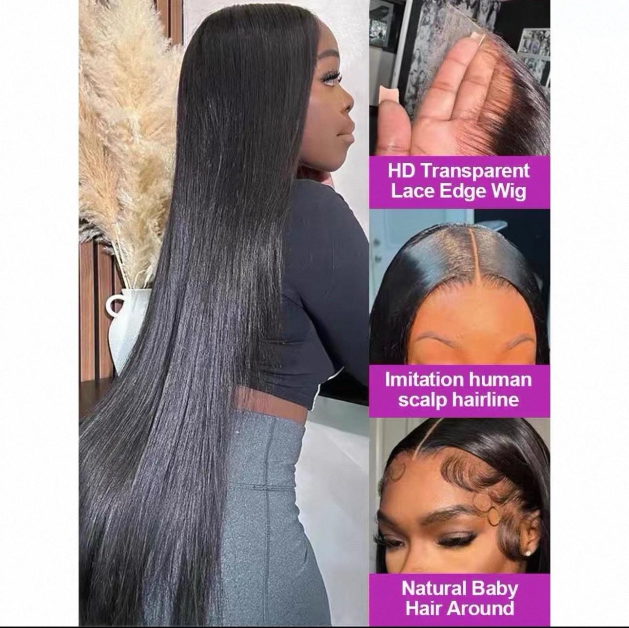 200% Density Straight Lace Front Wig – HD Transparent Lace – Human Hair Look