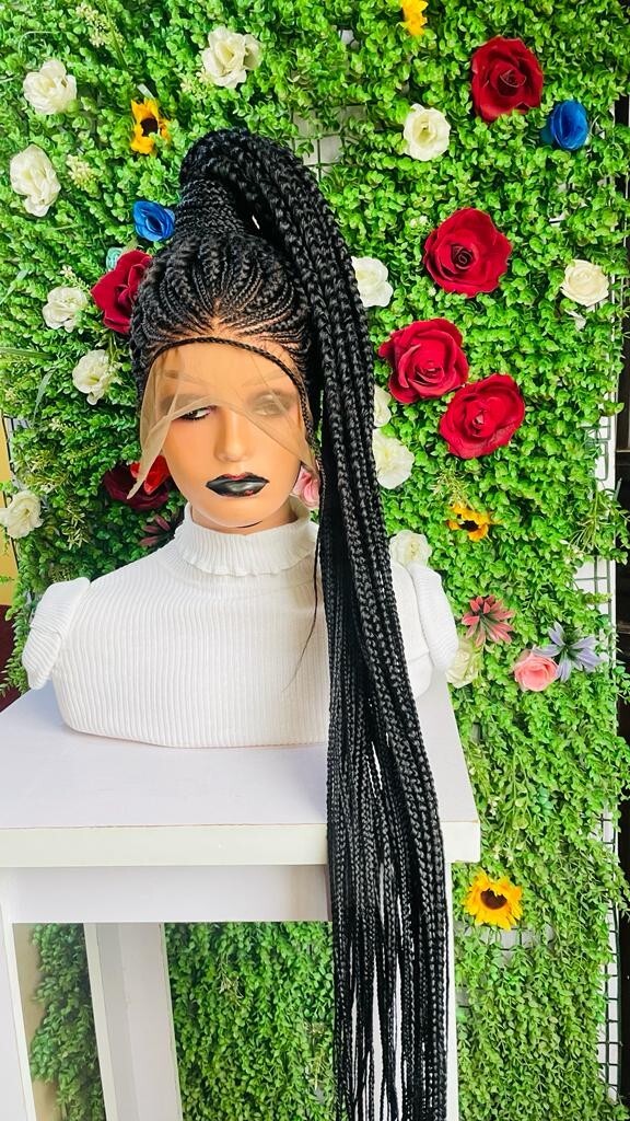 PONYTAIL BRAIDED CONROW WIG ON 360 LACE CLOSURE BLACK 52″