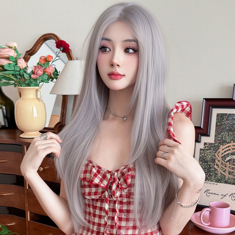 Purple Grey Middle Part Long Straight Wig Pre Plucked Lace Front Hand Tied