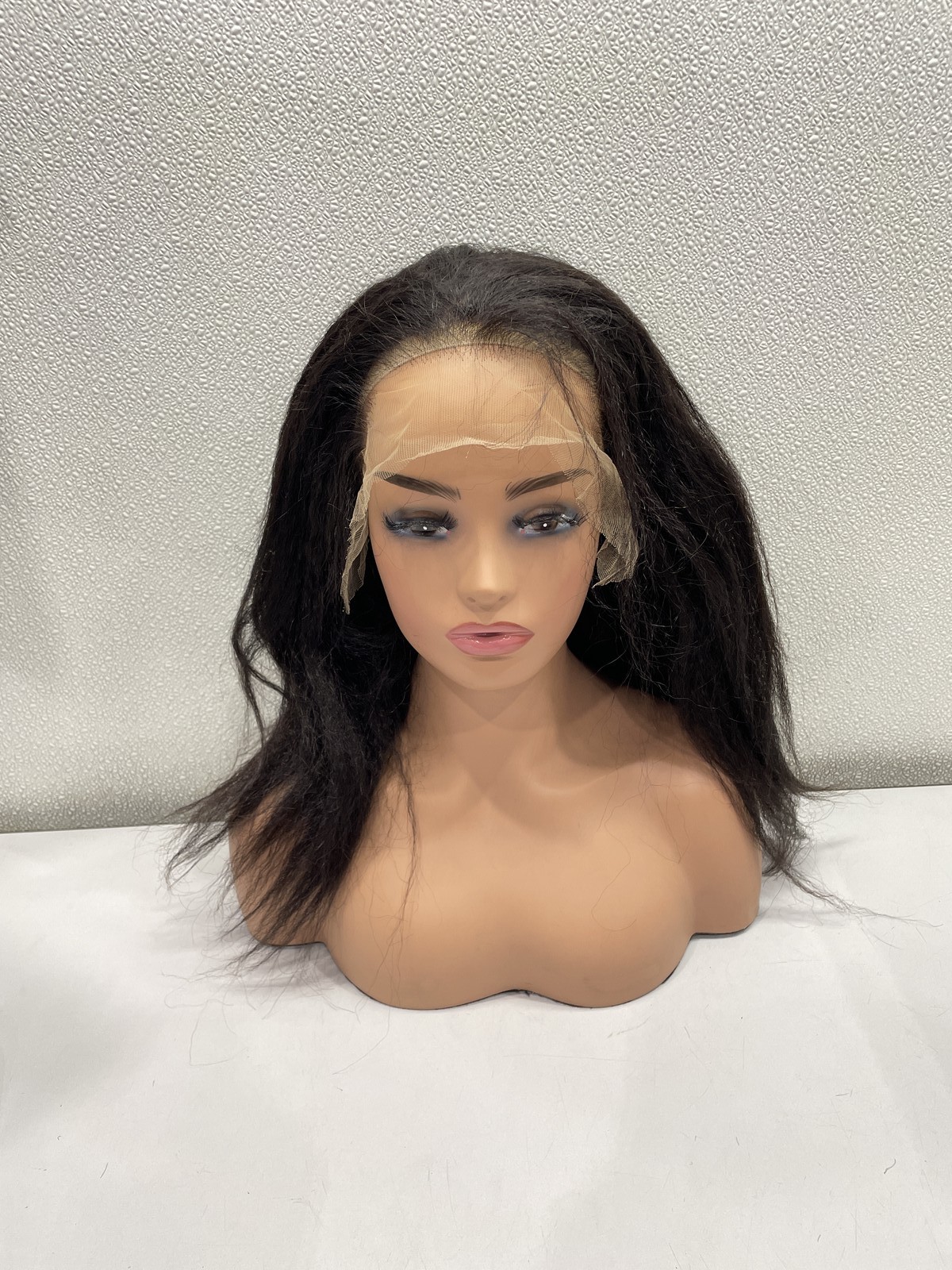 OQ Natural Black Kinky Straight Human Hair Lace Front Glueless Wig, 18″