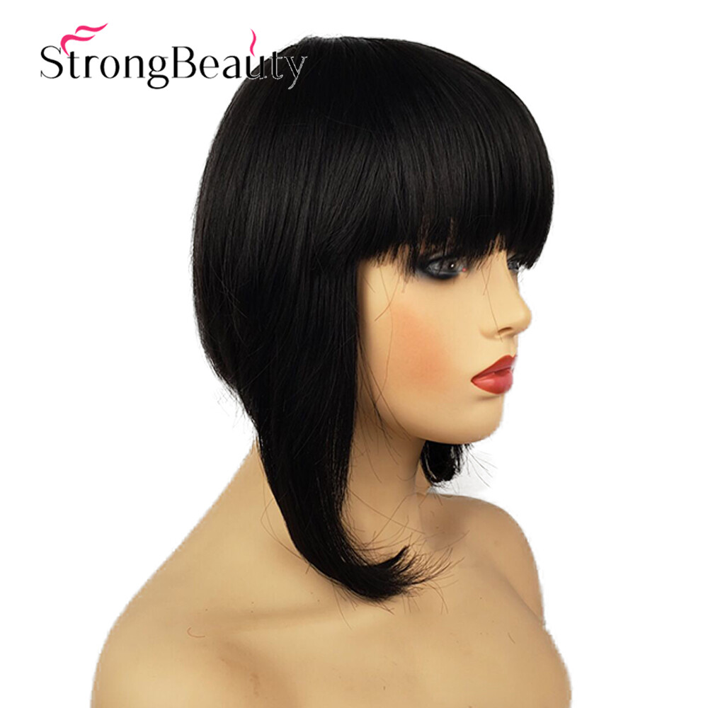 Short Black Bob Asymmetrical Page Long Side Wig for Women Cosplay Party Hair Wig