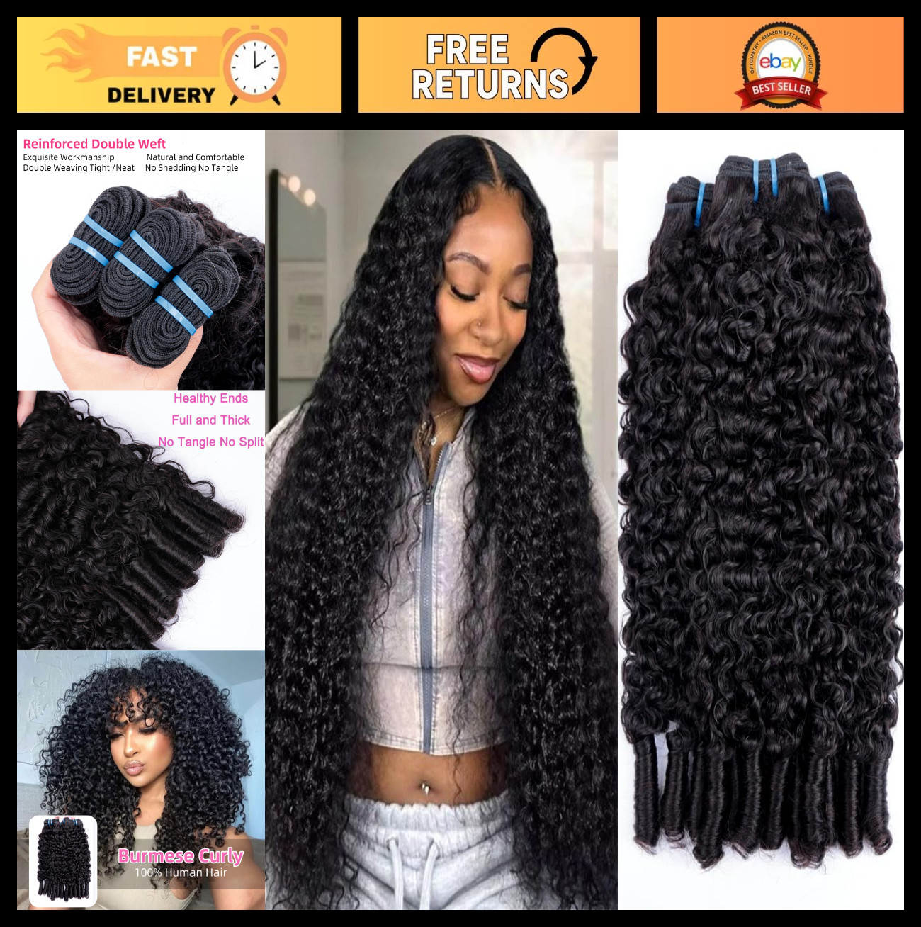 Curly Human Hair Bundles 26-30″ Water Wave 3C4A Burmese Curly Weave, Natural Bla