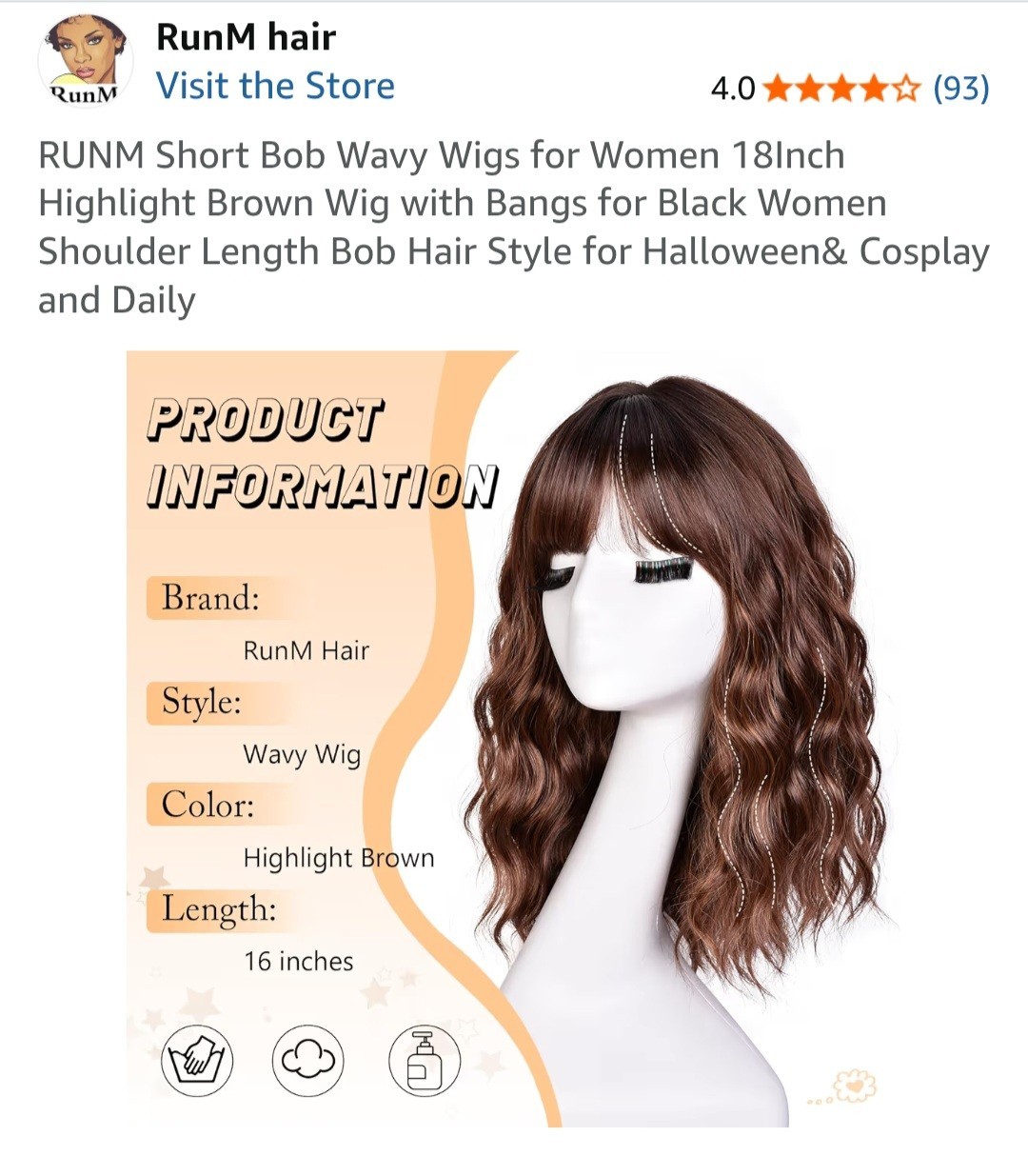 RunM Hair 16in Highlight Brown Wavy Bob Wig w/ Bangs, Wig Cap Simulation Scalp