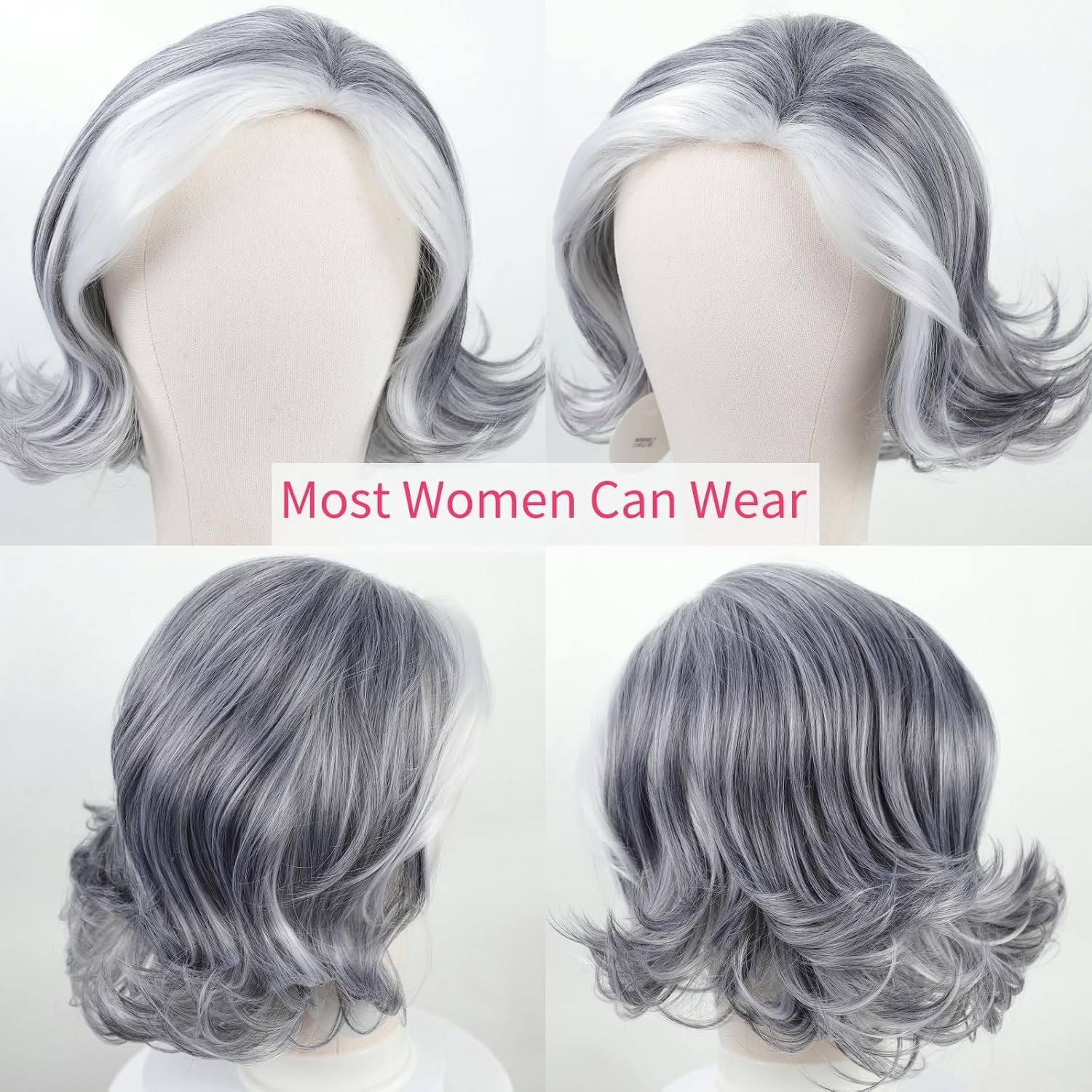 Mid-length Grey Wavy Bob Wigs for Women Short Gray Curly Synthetic Wig