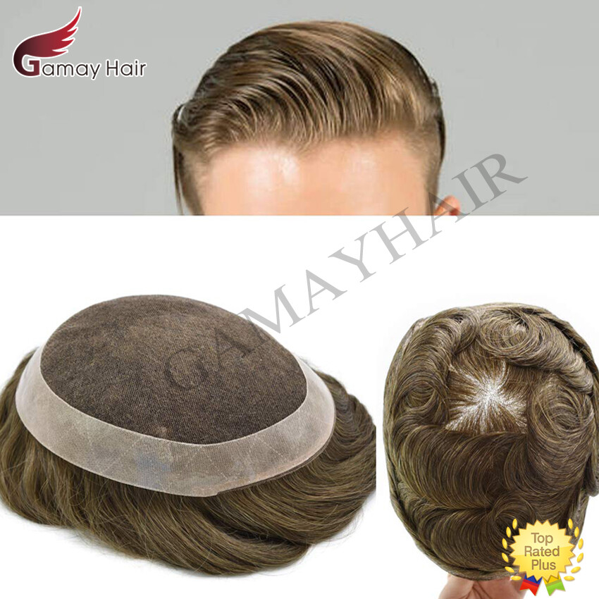 Mens Toupee French Lace Hairpiece Poly Skin PU Around Hair Unit Replacement Wigs