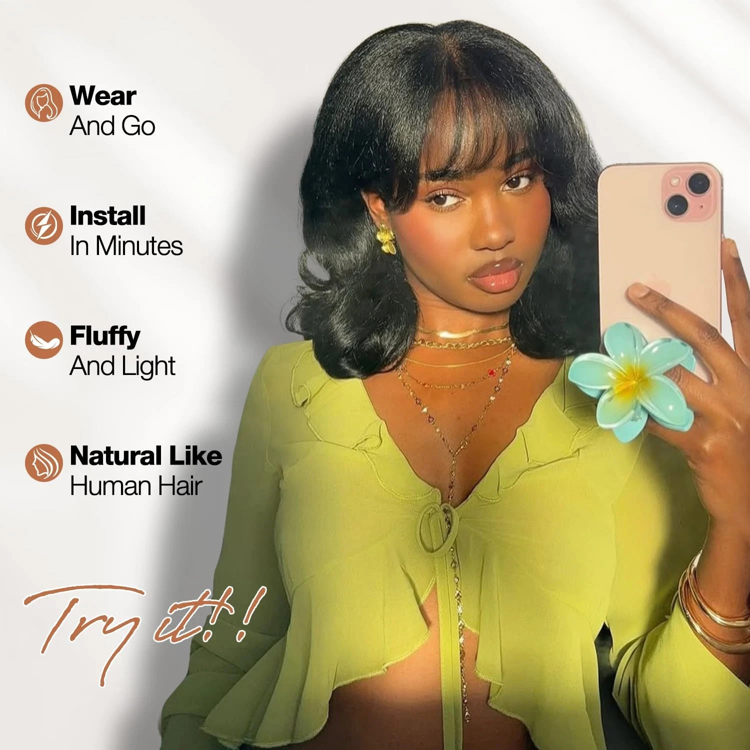 WIGER Yaki Texture Wavy Wig with Bangs for Women Short Shoulder Length Curly Bob