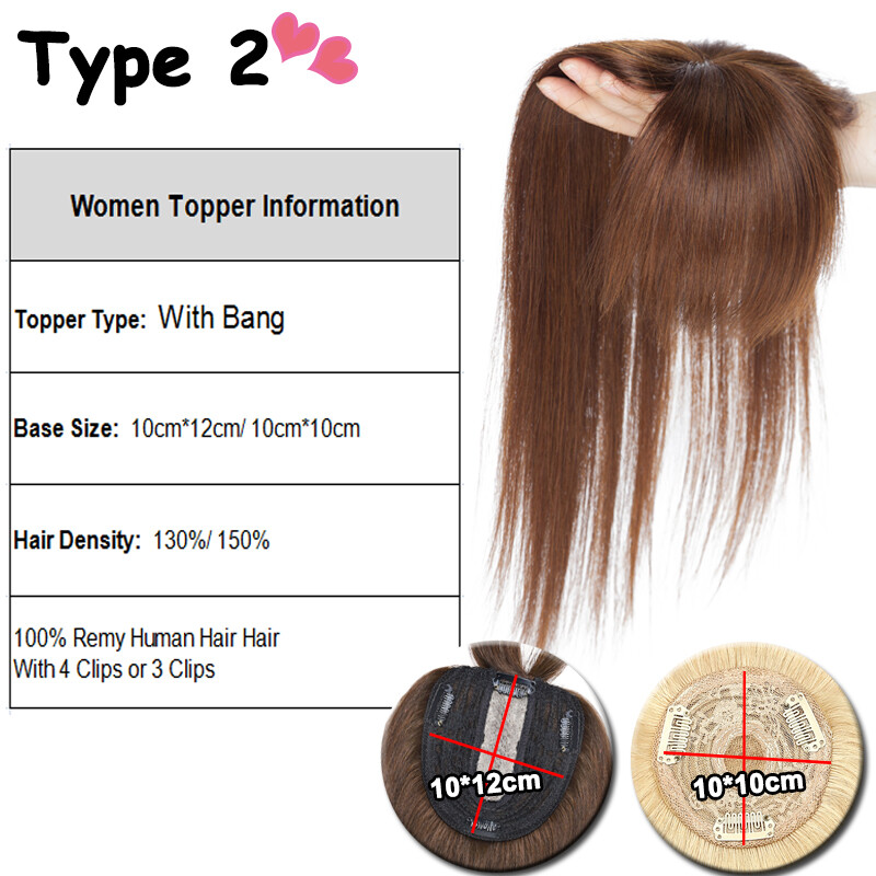 Silk Top Clip In Remy Human Hair Topper Women Hairpiece with Bangs ForLoss Hair