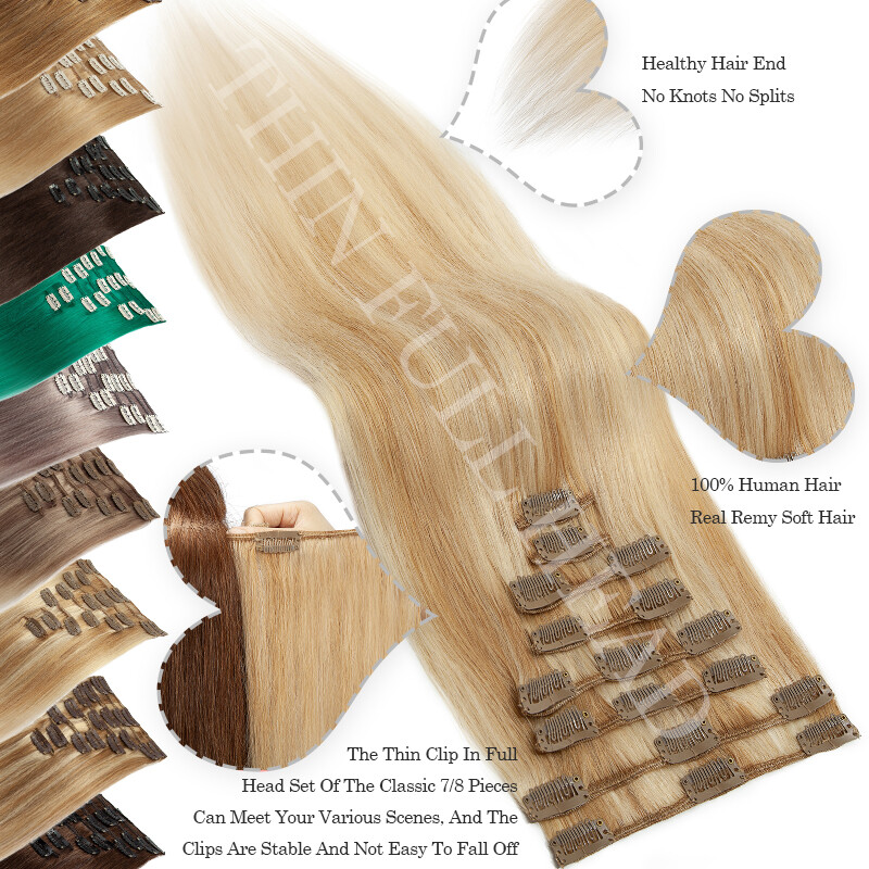 CLEARANCE Clip In Human Hair Extensions Real Remy Hair 8Pieces 18Clips Full Head