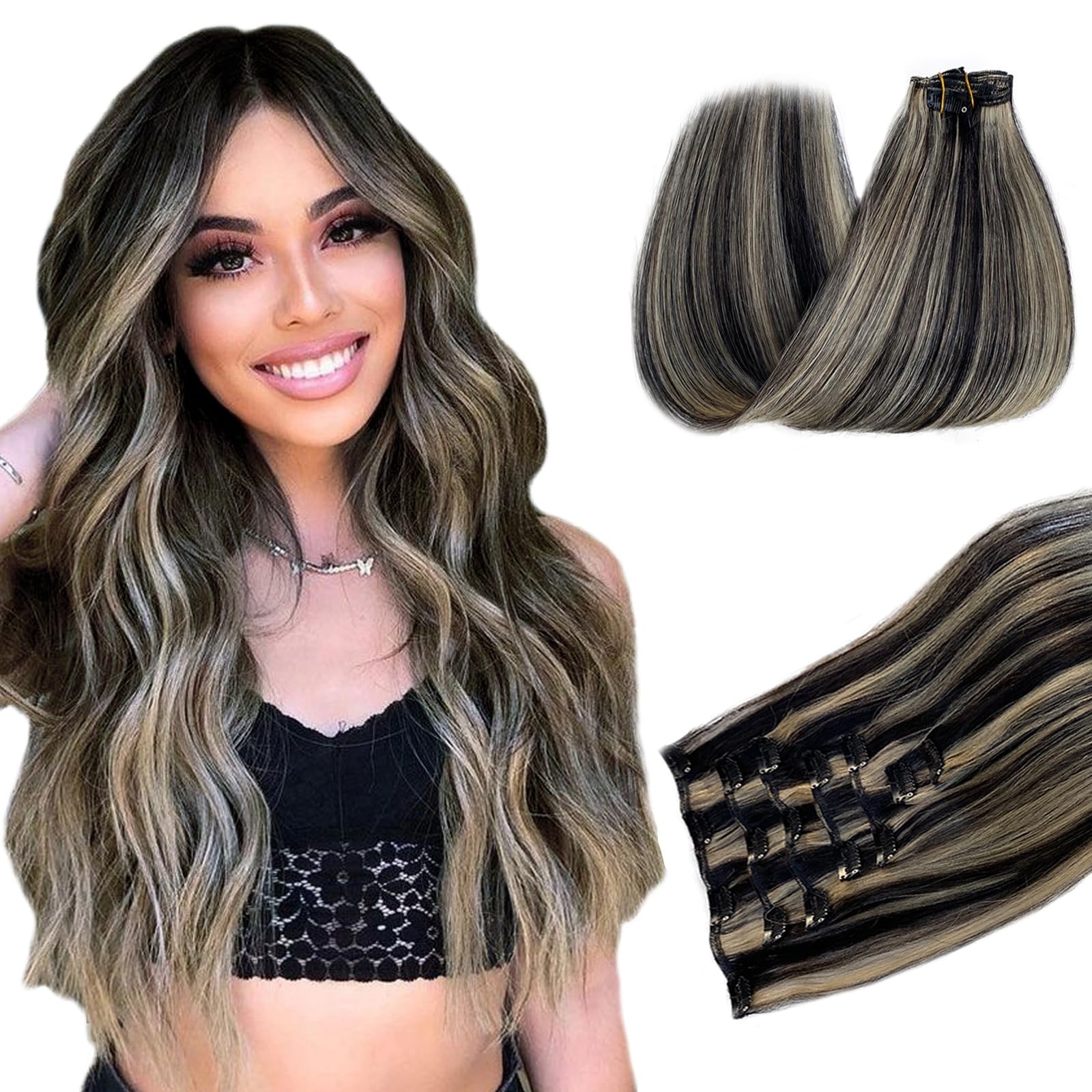 Clip in Hair Extensions Full Head 14 Inch 70g Natural Black Mix Blonde Highli…