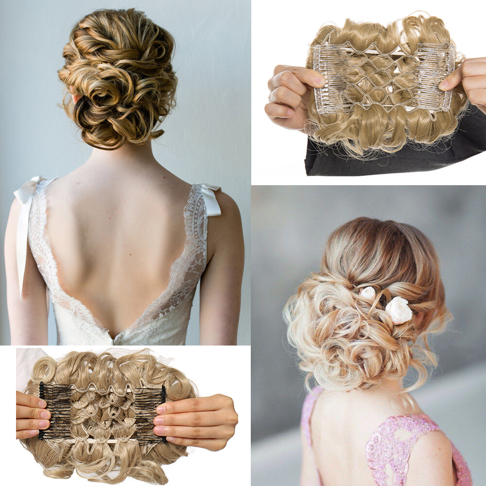100% Real Natural Clip on in Messy Bun Hair Piece Extension Comb Wedding Updo US