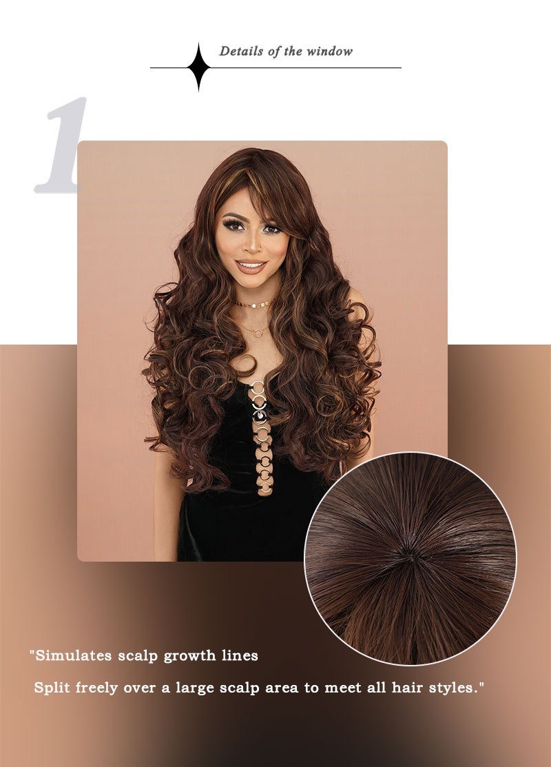 Long wavy red-brown bleached blonde side-parted curly hair wig fluffy